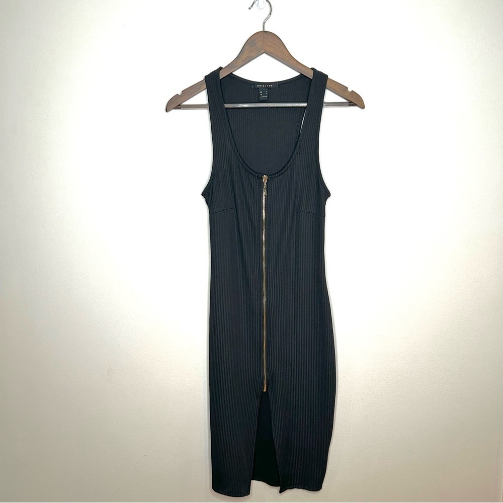 Ribbed Bodycon Dress Black with Gold Zipper Small